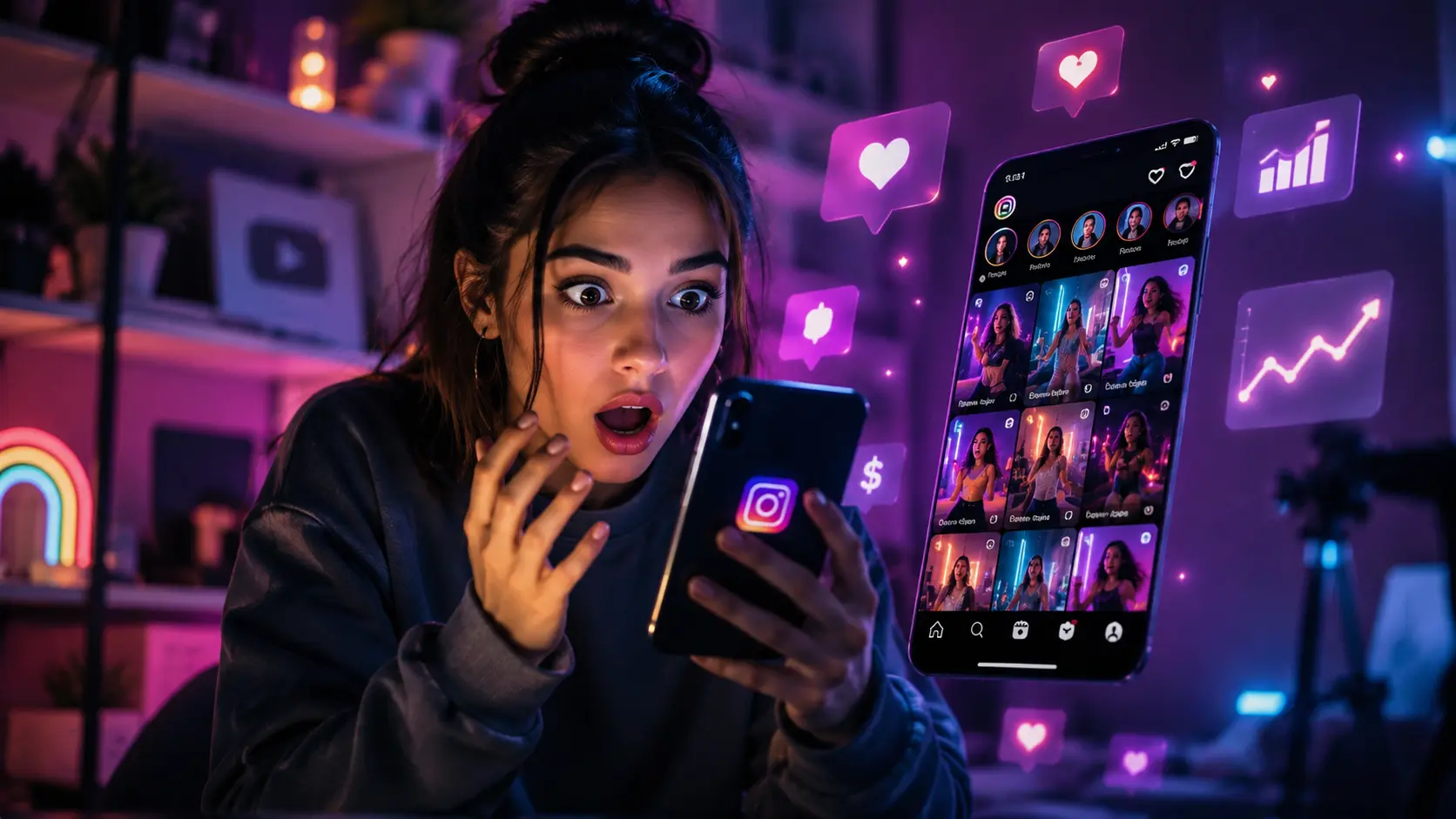 Criadora de conteúdo olhando surpresa para celular com interface do Instagram e elementos de monetização