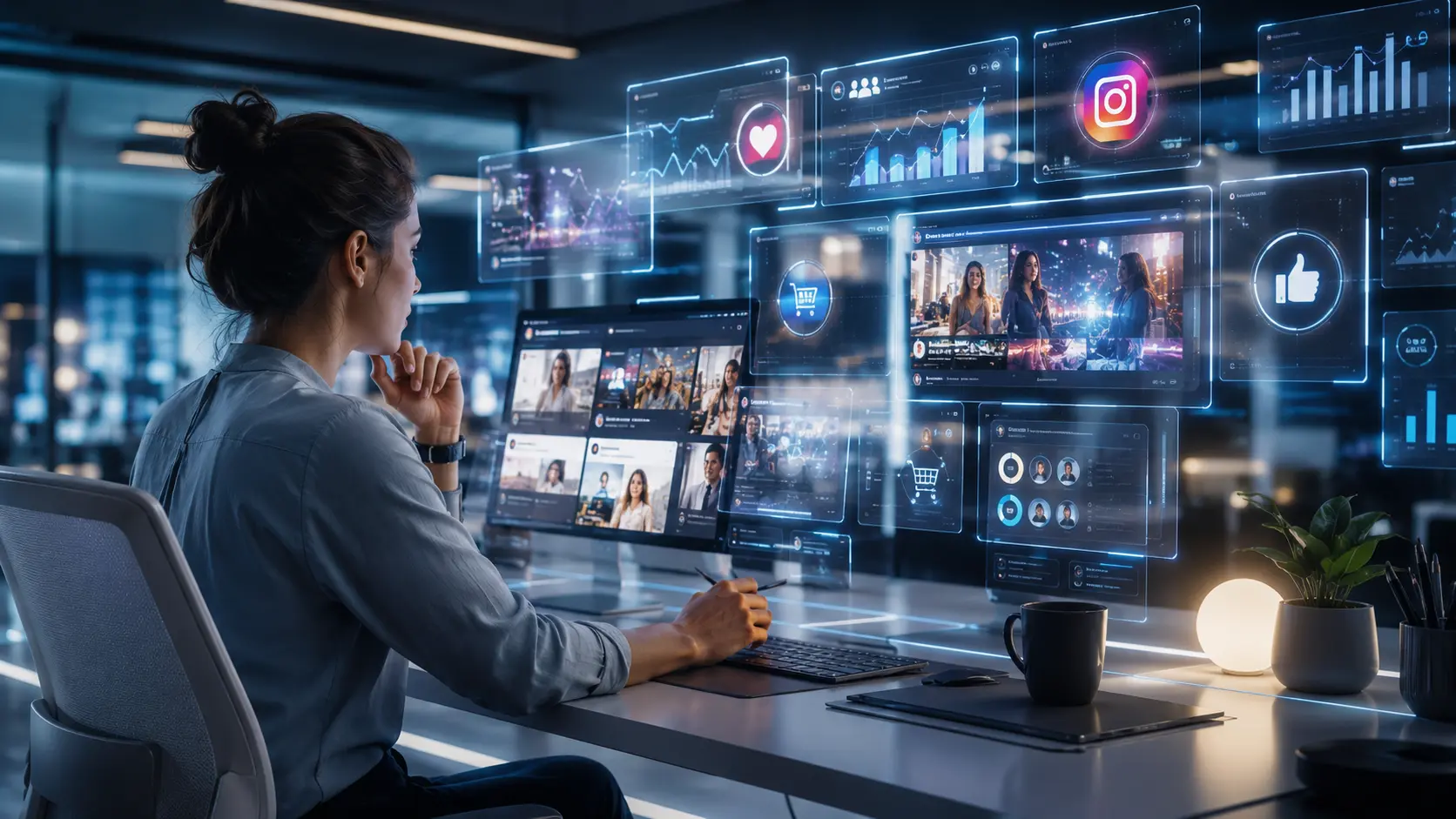 Pessoa analisando telas transparentes com feeds sociais, gráficos de engajamento, anúncios digitais e interfaces de automação