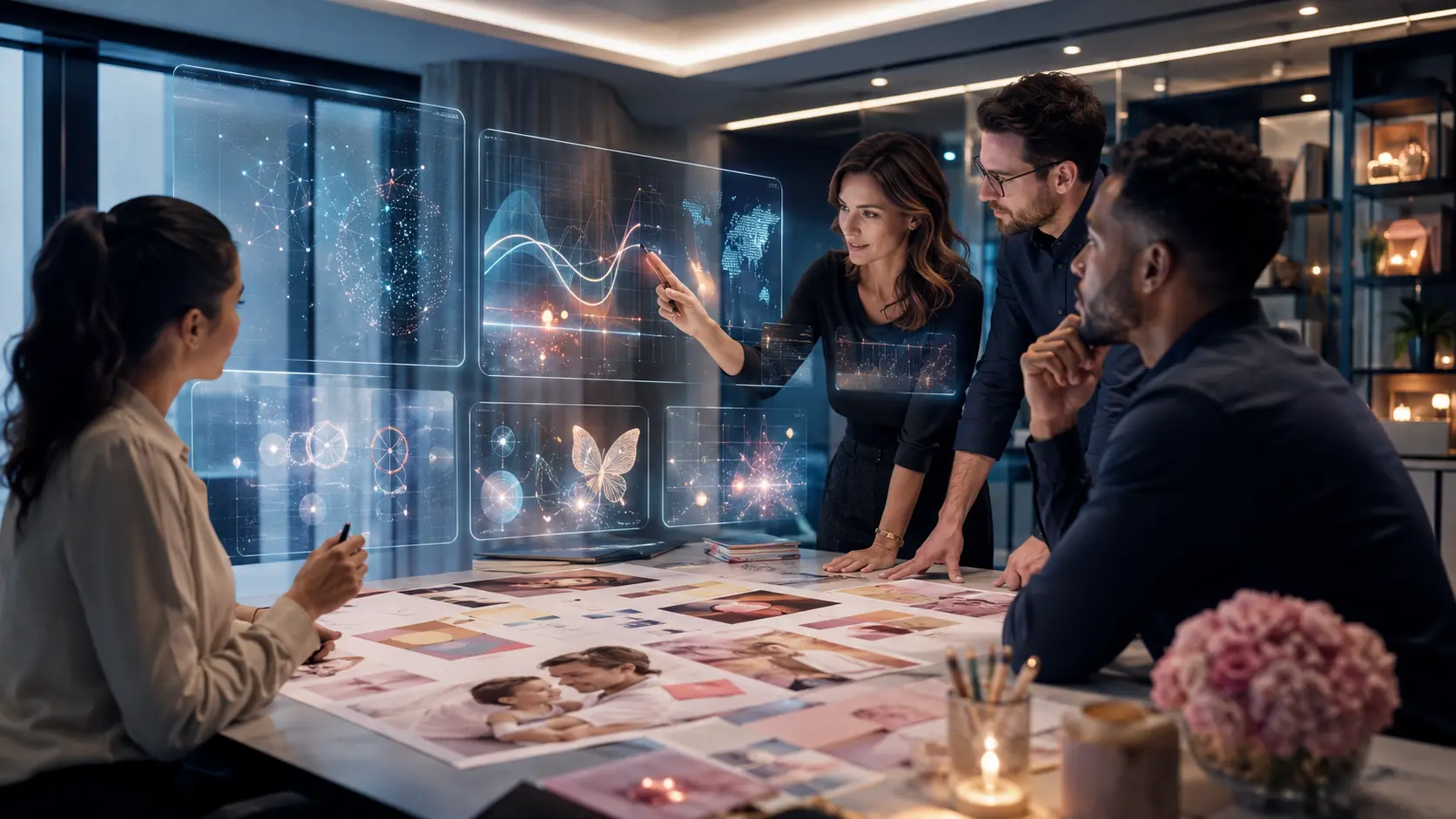 Equipe de marketing analisando dashboards de inteligência artificial para campanha de Dia das Mães
