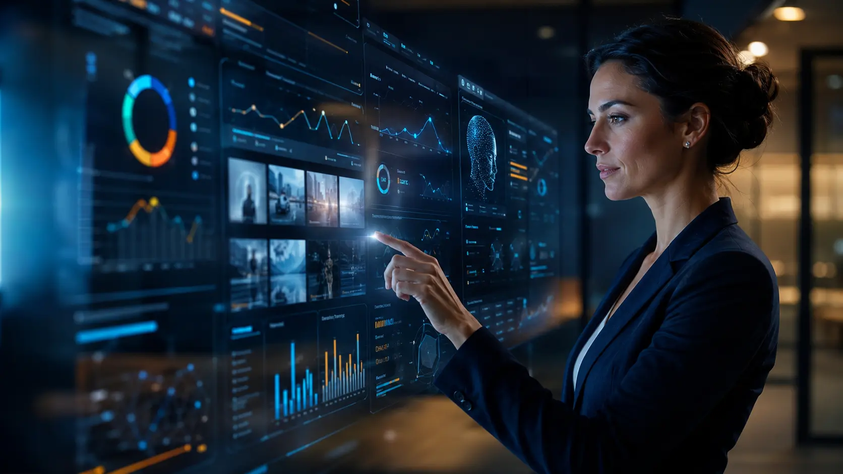 Mulher profissional analisando painéis futuristas com gráficos e interfaces de campanhas publicitárias