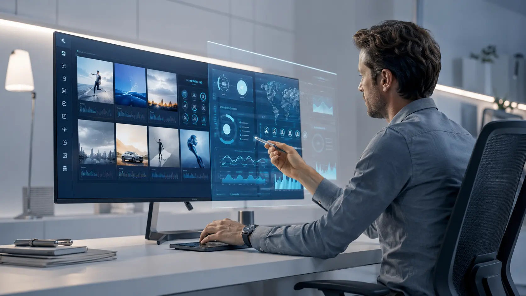 Estrategista sentado em estação de trabalho analisando criativos de anúncios em tela ampla com interface digital