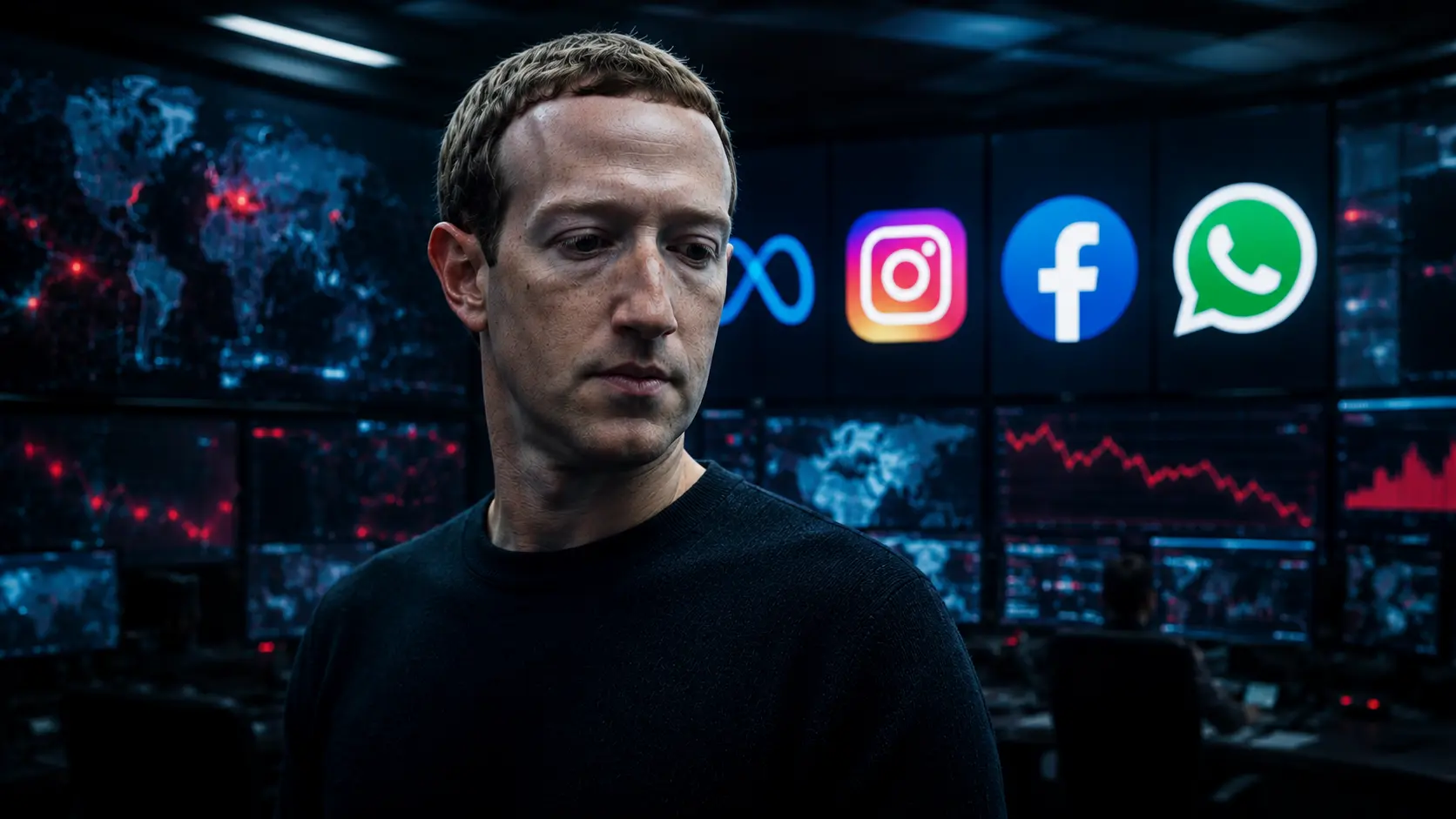 Mark Zuckerberg em ambiente tecnológico escuro diante de telas com ícones da Meta, Instagram, Facebook e WhatsApp