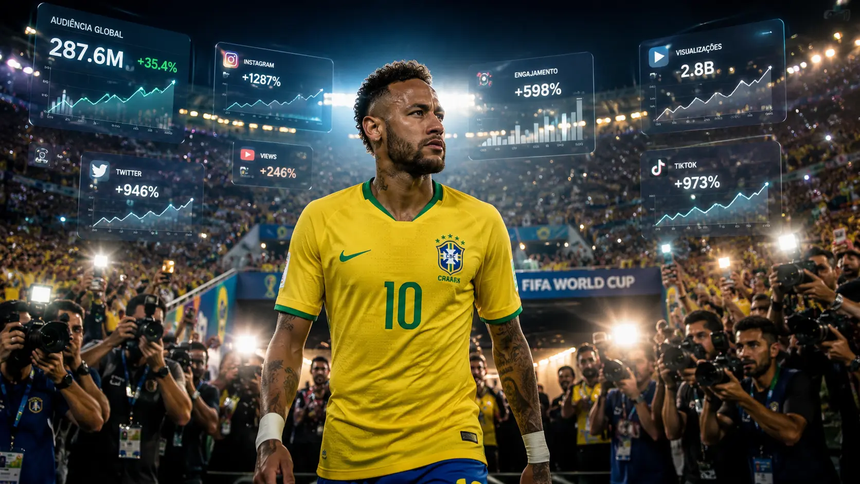 Neymar entrando em estádio lotado com flashes de fotógrafos e telas digitais exibindo gráficos de audiência