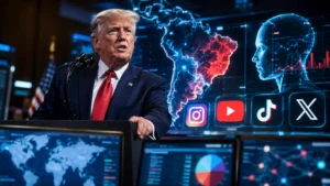 Donald Trump diante de telas digitais com redes sociais e mapa do Brasil em cenário de crise internacional.