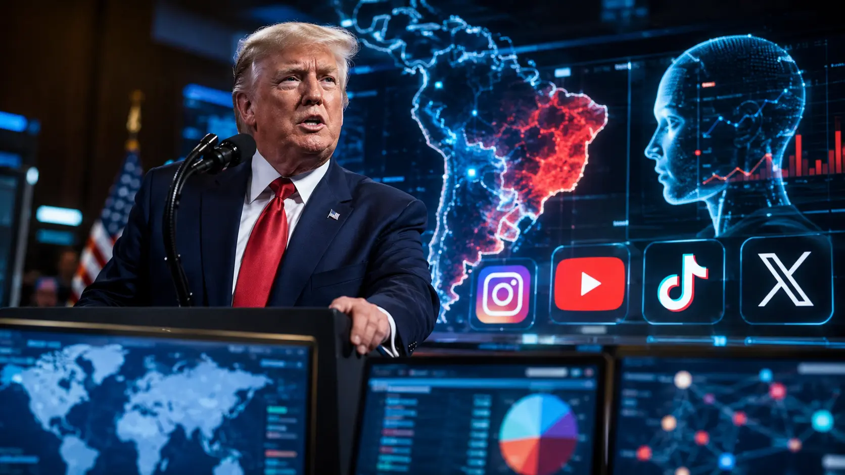 Donald Trump em pronunciamento diante de telas digitais com mapa do Brasil, ícones de redes sociais e gráficos de inteligência artificial