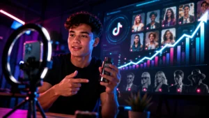 Microcriador gravando vídeo com celular diante de painel digital de engajamento em redes sociais
