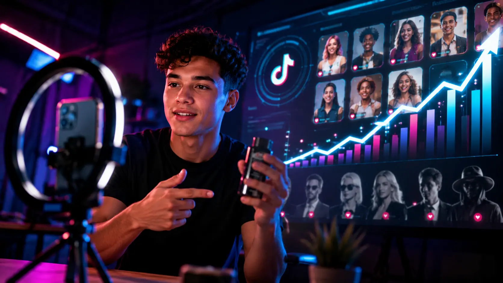 Jovem microcriador gravando vídeo com celular diante de painel digital com gráficos de engajamento e ícones de redes sociais