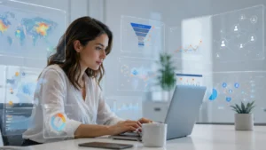 Profissional de marketing analisando campanhas digitais com apoio de inteligência artificial e dados de comportamento do consumidor.