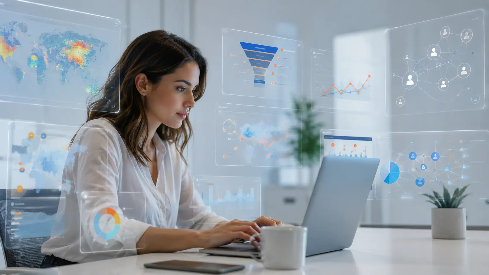 Estrategista de marketing em escritório à noite analisando painel digital com gráficos financeiros, dados de anúncios e elementos de inteligência artificial