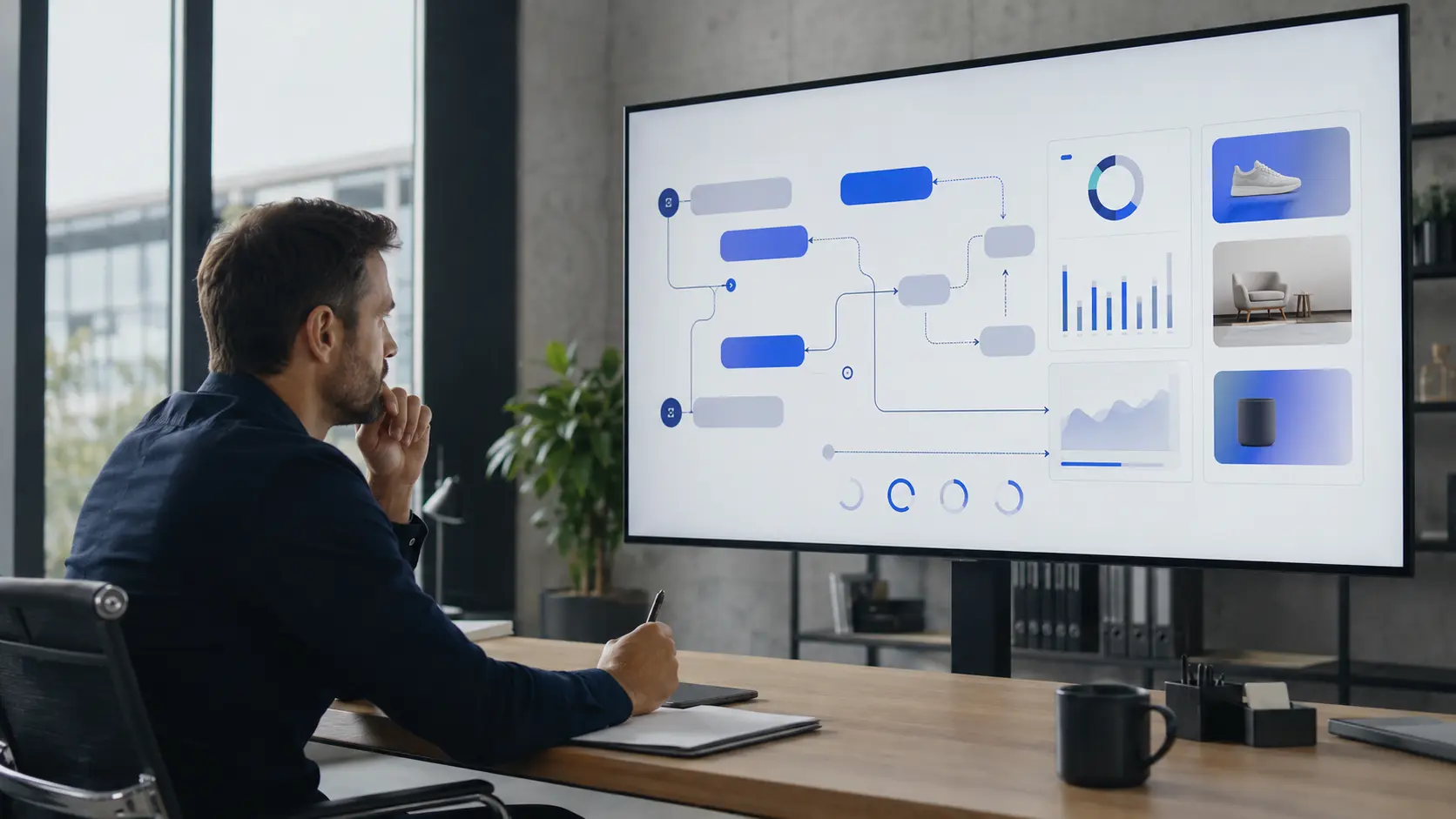 Estrategista de marketing analisando em uma tela grande um fluxo de conversa com inteligência artificial, gráficos e cards publicitários contextuais