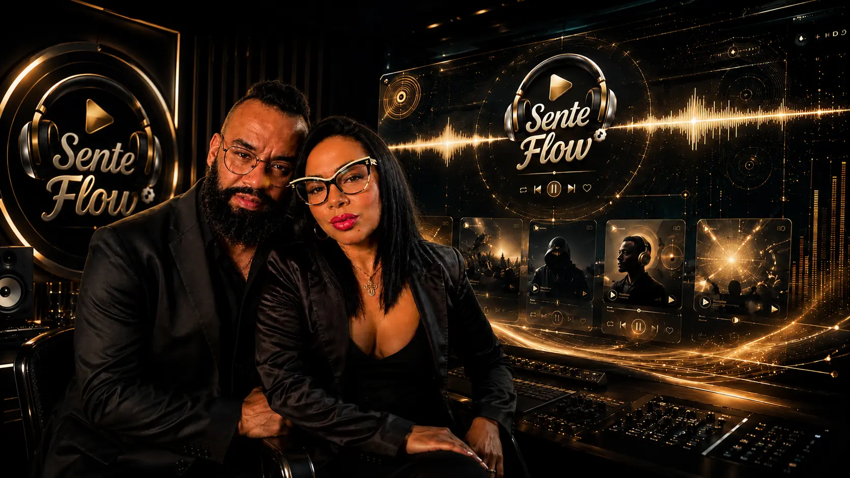 Cilleid Heredia e Thiagão Machado sentados em estúdio musical diante de uma interface holográfica do Sente o Flow