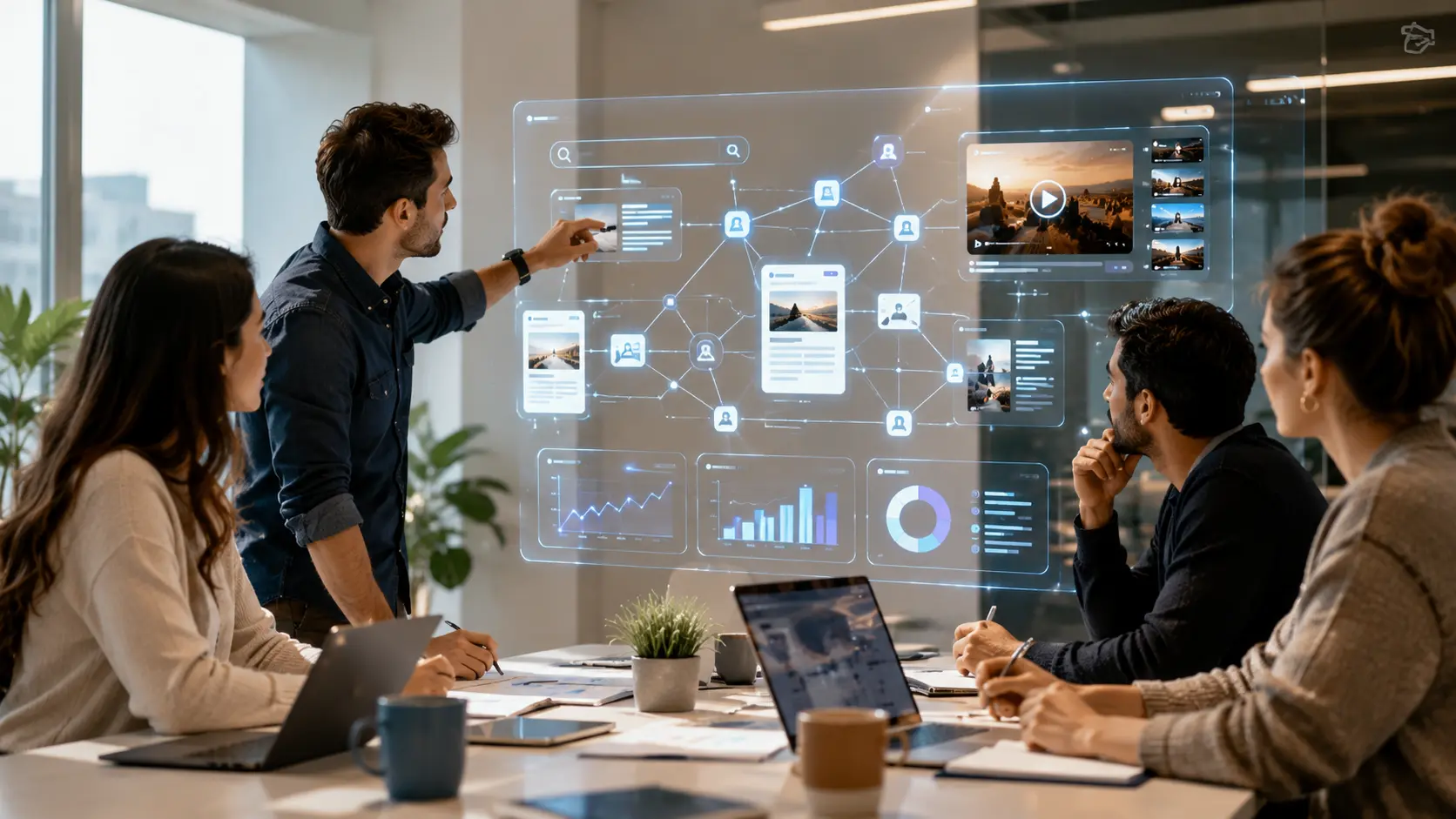 Equipe de marketing analisando uma estratégia de SEO com painel digital de inteligência artificial, artigos de blog, vídeos e gráficos de tráfego