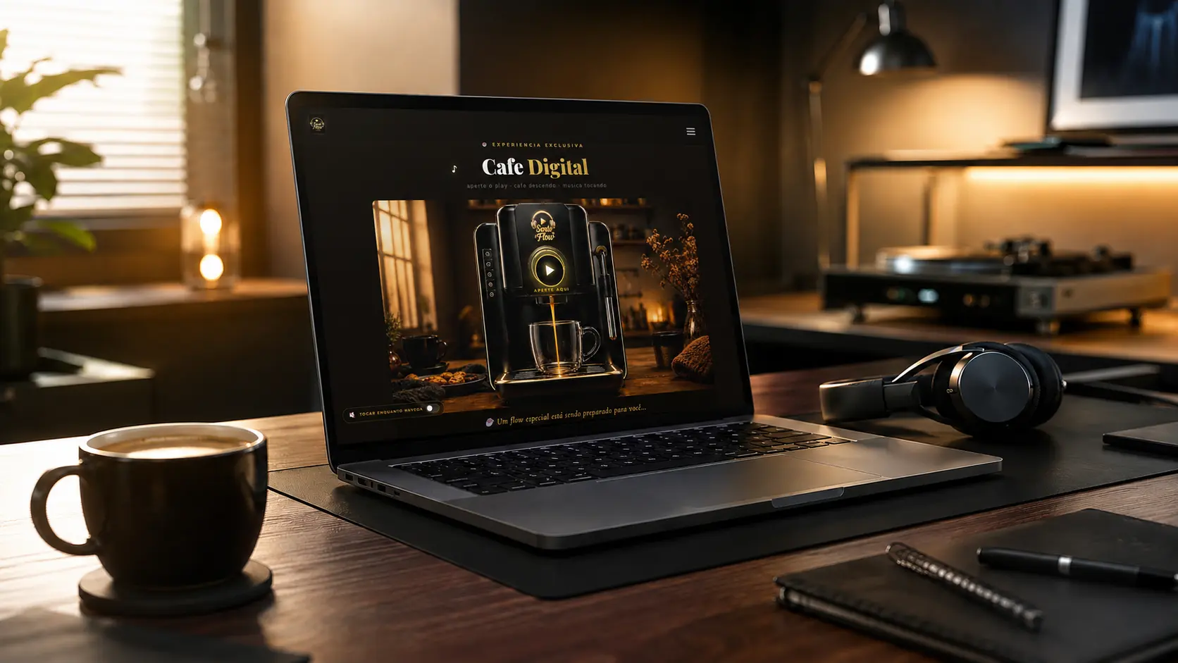 Notebook sobre mesa elegante exibindo interface musical gamificada com cards de playlists, ondas sonoras, player de música, fones de ouvido e café ao lado