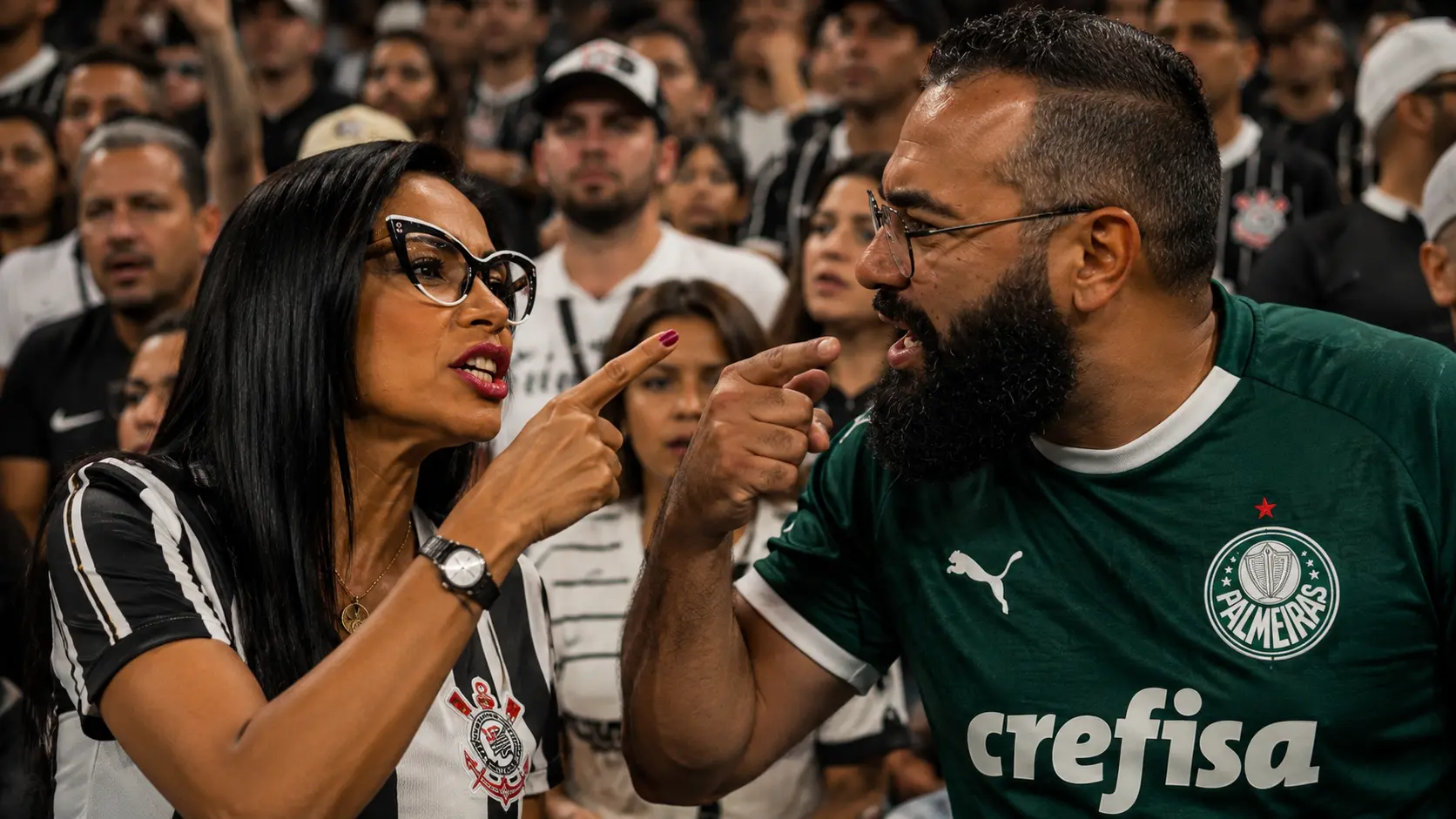 Pessoa surpresa em arquibancada de estádio lotado com interfaces futuristas de inteligência artificial ao redor