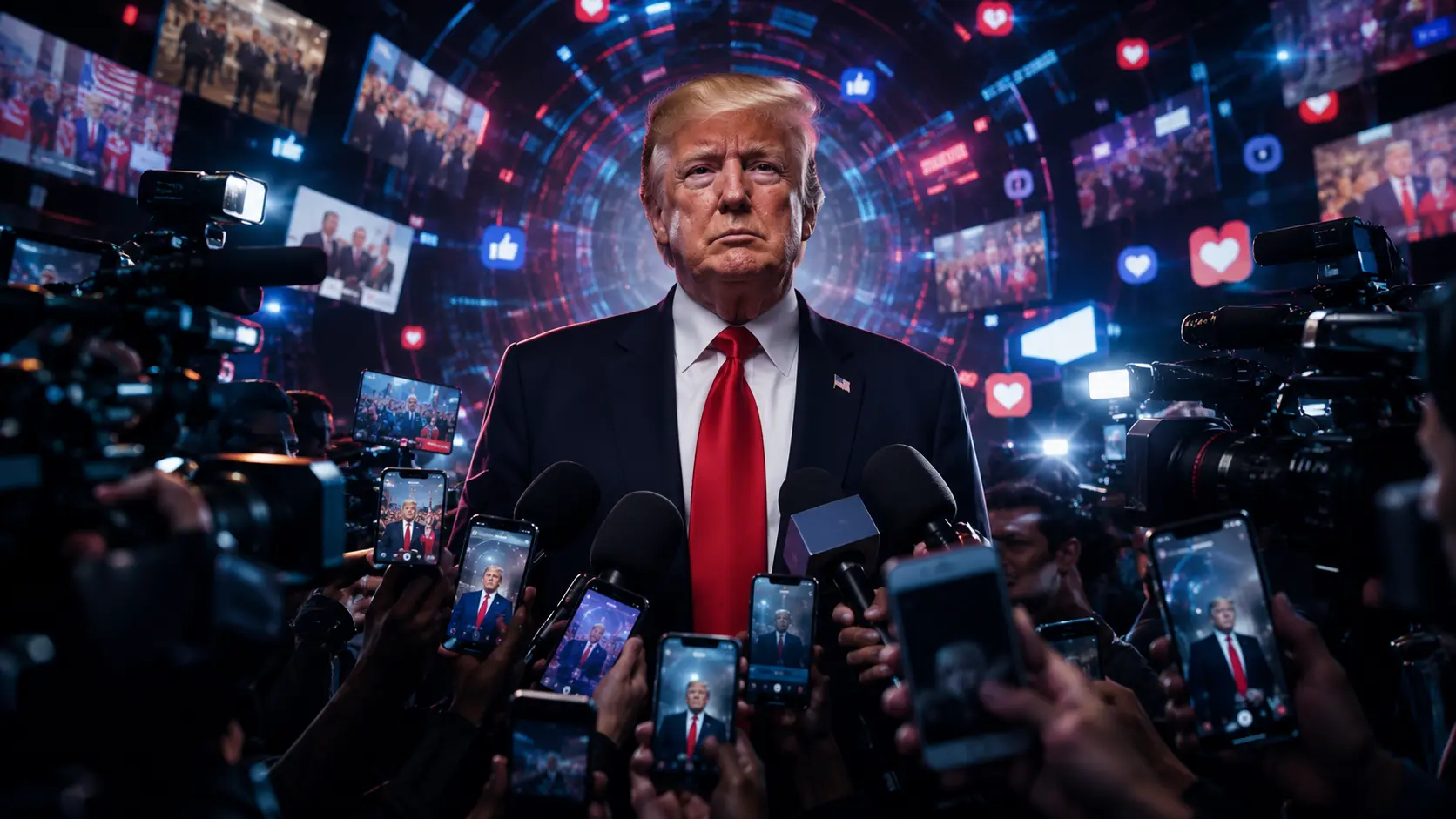 Donald Trump cercado por câmeras, celulares, microfones, telas digitais e ícones de redes sociais em ambiente escuro