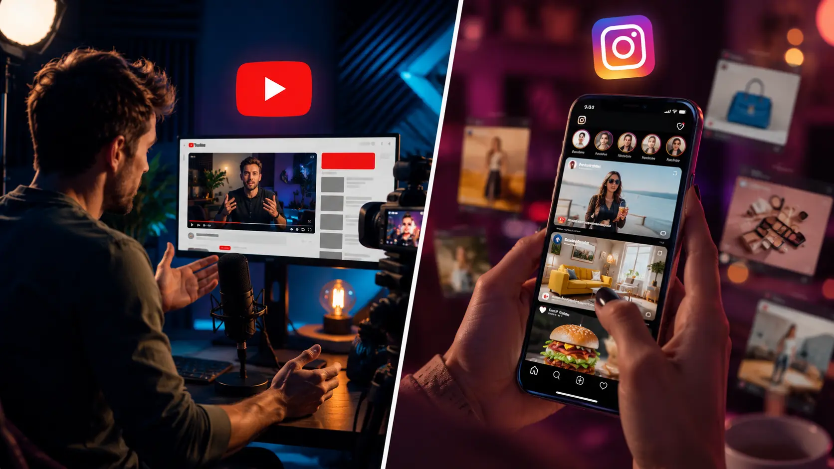 Cena dividida mostrando criador gravando para YouTube e usuário rolando feed do Instagram no celular