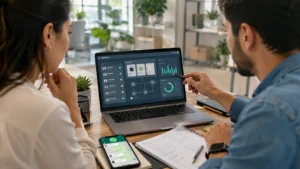Equipe pequena analisa painel de automação de atendimento com WhatsApp Business e leads em um notebook.