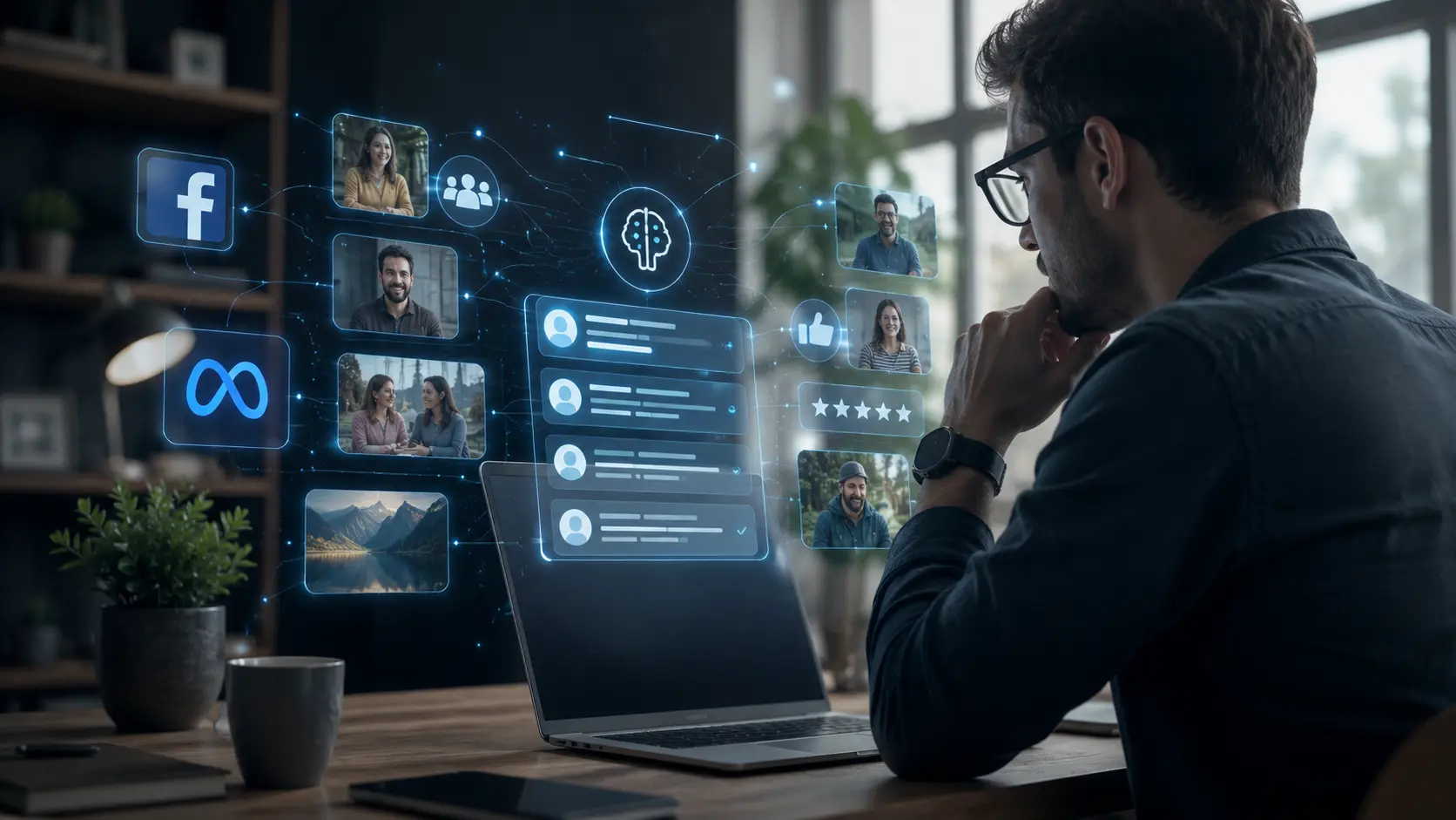 Pessoa usando notebook enquanto interfaces holográficas organizam comentários, avaliações e posts de grupos com inteligência artificial