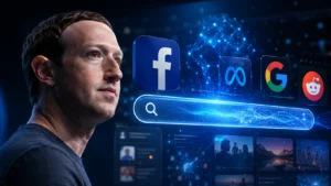 Mark Zuckerberg diante de interface futurista com elementos de Facebook, Meta AI, Google e Reddit.