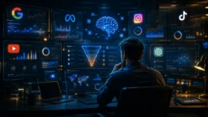 Profissional de marketing analisando telas com inteligência artificial, anúncios digitais, redes sociais e automações.