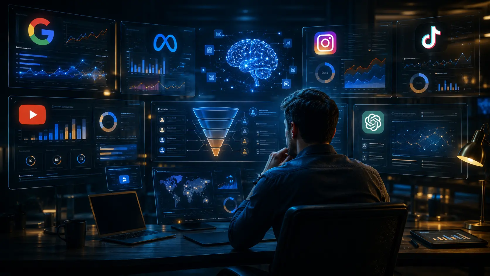 Profissional de marketing sentado diante de telas com inteligência artificial, dashboards, redes sociais e automações digitais