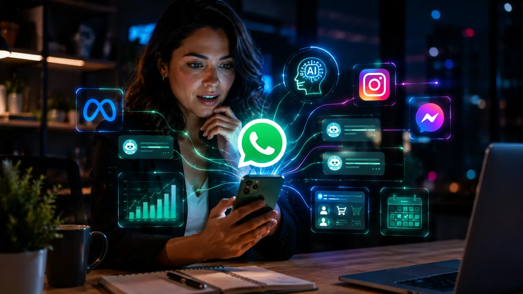 Empresária segura um smartphone com ícone do WhatsApp enquanto hologramas de Meta, Instagram, Messenger, IA, gráficos e calendário aparecem ao redor