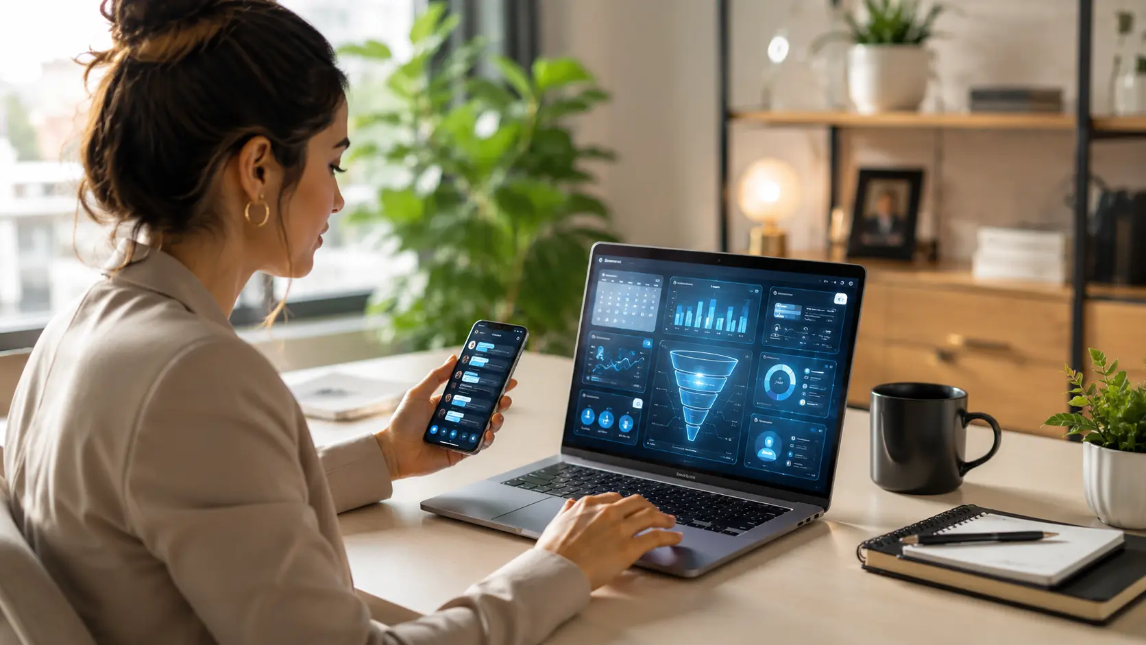 Pequena empresária usando notebook e smartphone com painel de inteligência artificial para organizar campanhas e atendimento digital