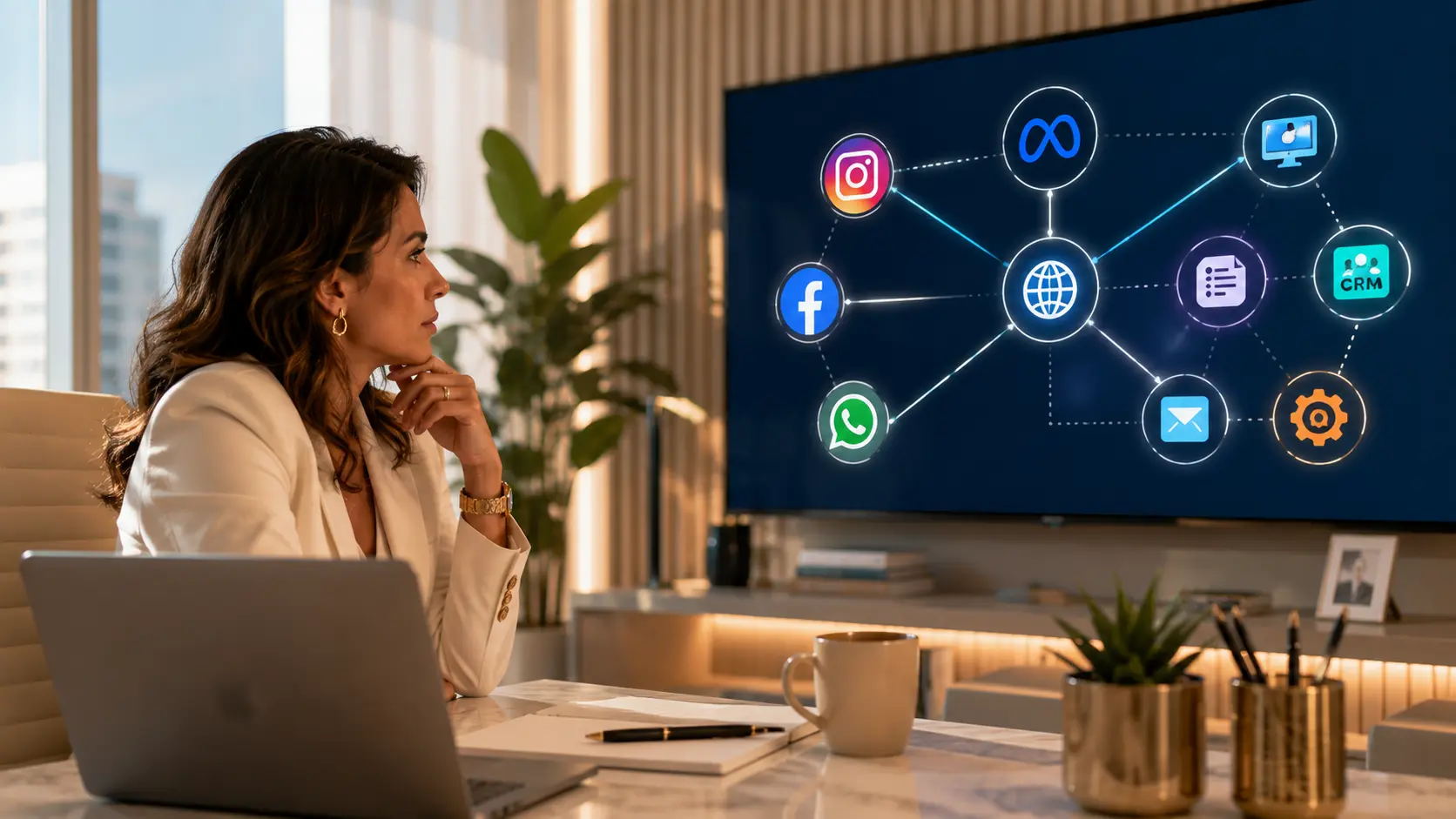 Empreendedora analisa painel digital com ícones de redes sociais, site próprio, CRM e automação