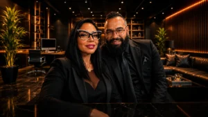Cilleid Heredia e Thiagão Machado, fundadores do Grupo Flow, em um ambiente moderno e sofisticado.