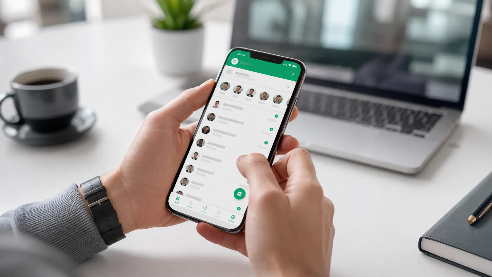 Pessoa usando smartphone sobre mesa de trabalho com interface de conversas organizadas por listas e recursos premium inspirados no WhatsApp Plus