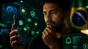Pessoa surpresa olhando para celular com interface do WhatsApp Plus e elementos digitais da Meta ao fundo.