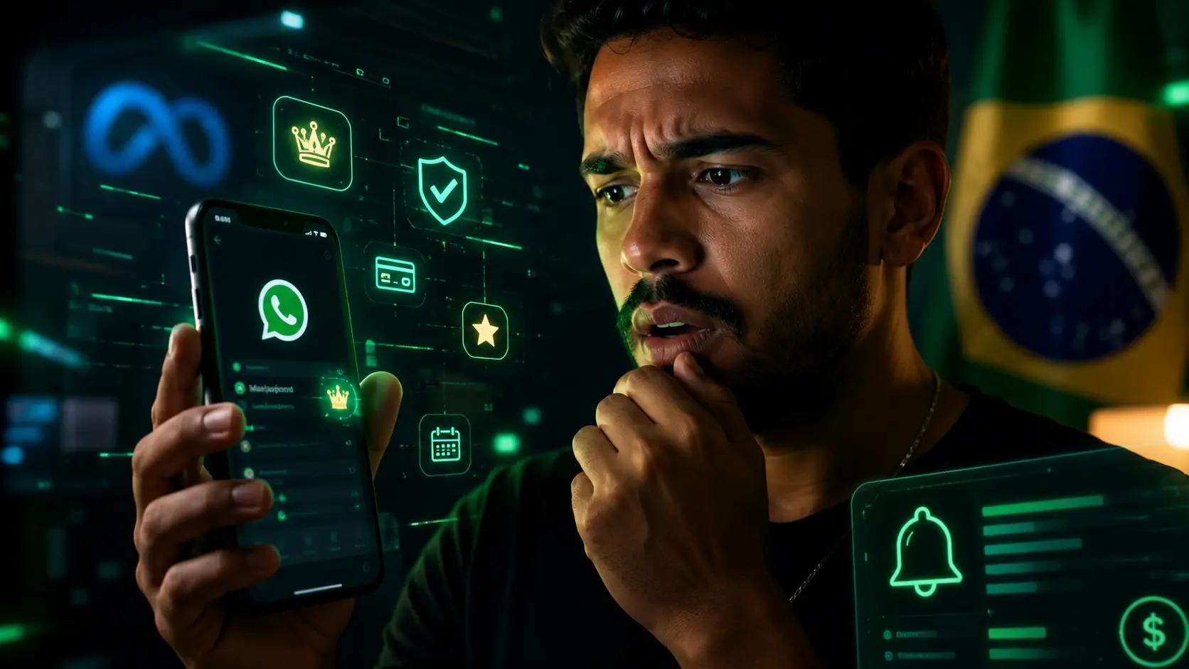Homem brasileiro surpreso olhando para celular com interface inspirada no WhatsApp Plus e elementos digitais da Meta ao fundo